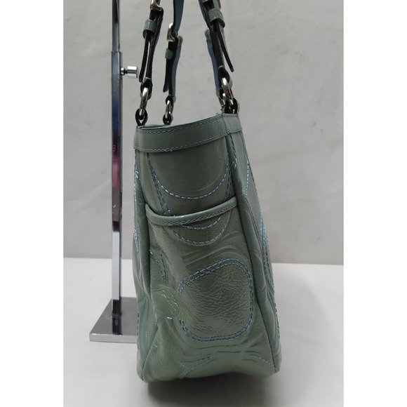 Coach Blue Patent Leather Signature C Embossed Double Handles Pockets Tote Bag - Picture 2 of 16